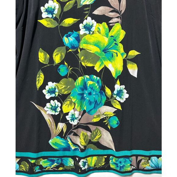 Susan Graver Liquid Knit Split Neck Tunic Floral Teal Blue Green 3/4 Sleeve Sz L - Picture 3 of 11